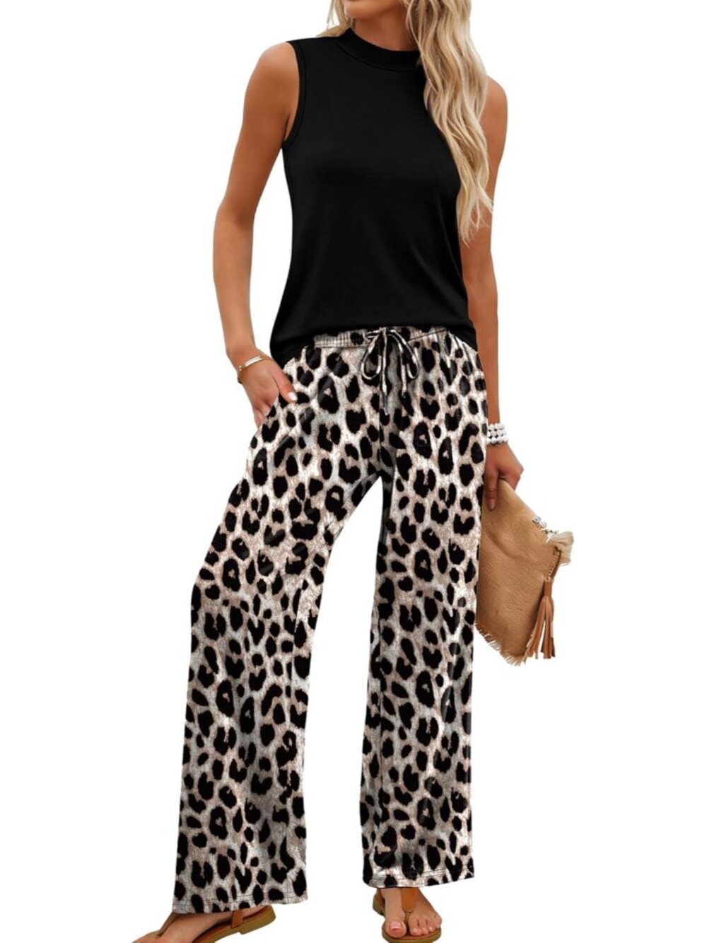 🆕Women Leopard Print 2 Piece Set Summer Spring Outfits Mock Neck Wide Leg Pants